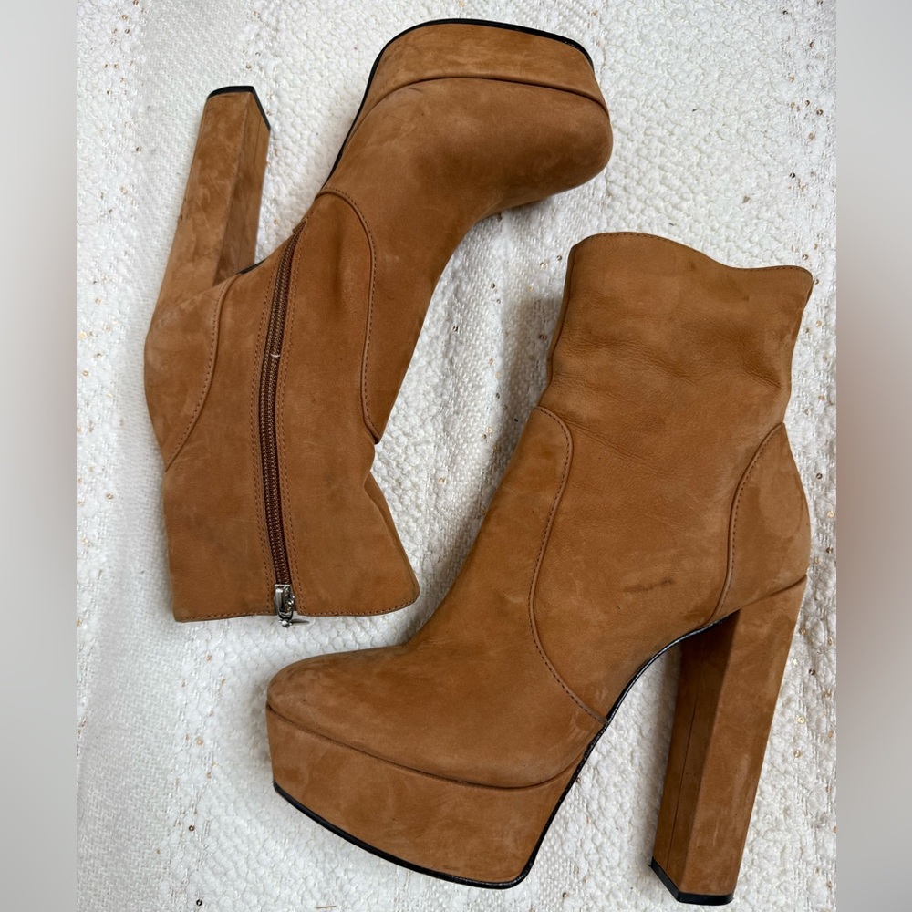 Schutz suede platform camel ankle booties